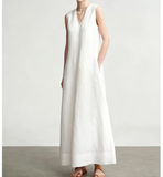 White Linen Summer Women Dresses Short Sleeve Long Loose Women Dresses 17292