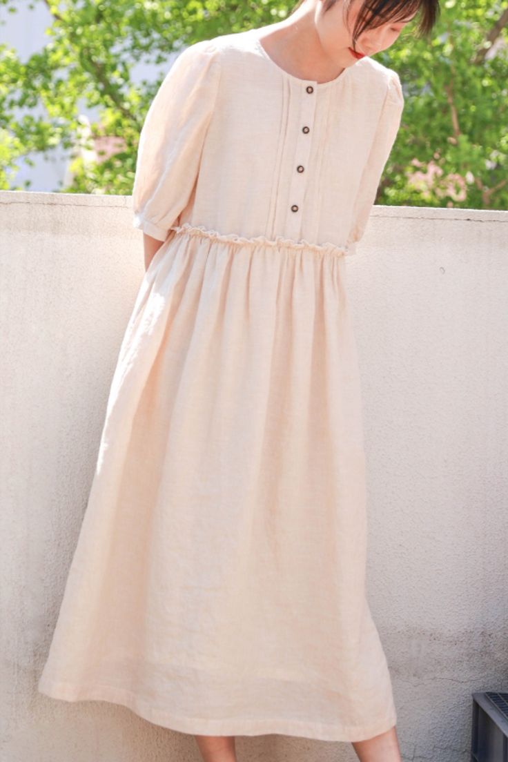 knee length dresses for ladies Maxi linen dress AGRA in White main image 0