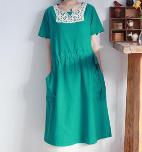 Green Lace Trim Linen Women Dresses Short Sleeves Shift Dresses CH9515 SimpleLinenLife Green Lace Trim Linen Women Dresses Short Sleeves Shift Dresses CH9515 SimpleLinenLife