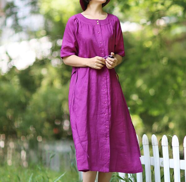 Purple O Neck Linen Women Dresses Short Sleeves Midi Shirts Dresses CH –  SimpleLinenLife