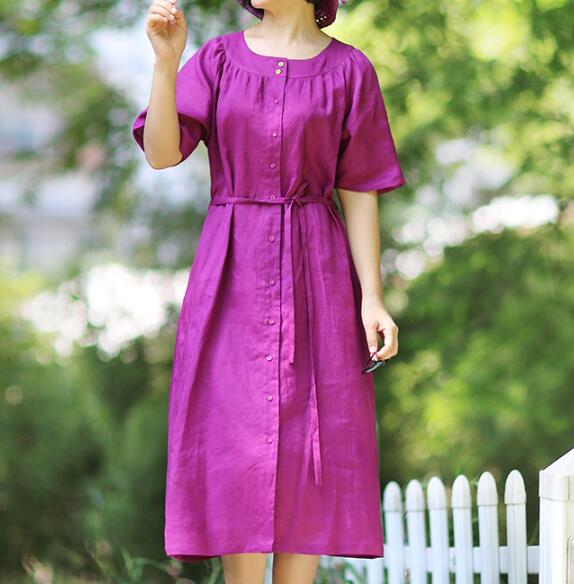 100%-Linen-Women-Dresses -Sleeves-Long-Skirts-Dresses (1)