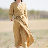 Linen Women Dresses Seven Sleeves V Neck Waist Belt Midi Dresses XH9527