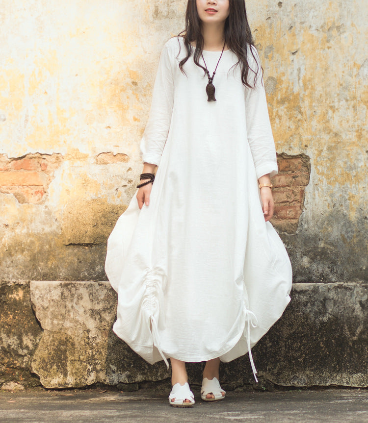 chinese dress ladies Loose Bud Style Drawstring Hem Linen Cotton Spring Women Dresses CH90410
