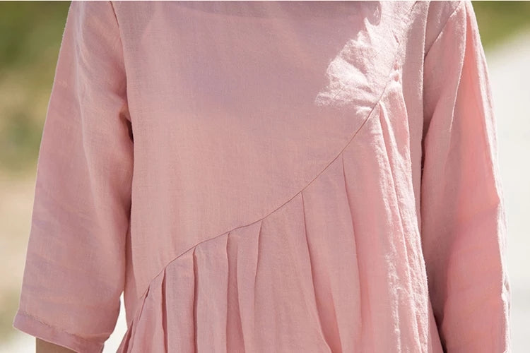 Pink Pleated Women Linen Dresses Short Sleeves CH90412 SimpleLinenLife Pink Pleated Women Linen Dresses Short Sleeves CH90412 SimpleLinenLife