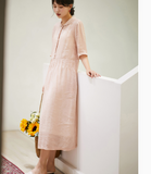 Pink Women Dresses Ramie Casual Summer Buttons Linen Shirts Women Dresses SSM97215