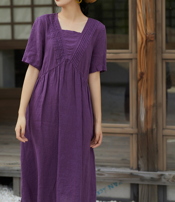 Purple Women Dresses Ramie Casual Summer Buttons Linen Shirts Women Dresses SSM97215