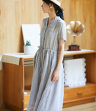 Gray Women Dresses Ramie Casual Summer Buttons Linen Shirts Women Dresses SSM97215