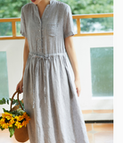 Gray Women Dresses Ramie Casual Summer Buttons Linen Shirts Women Dresses SSM97215