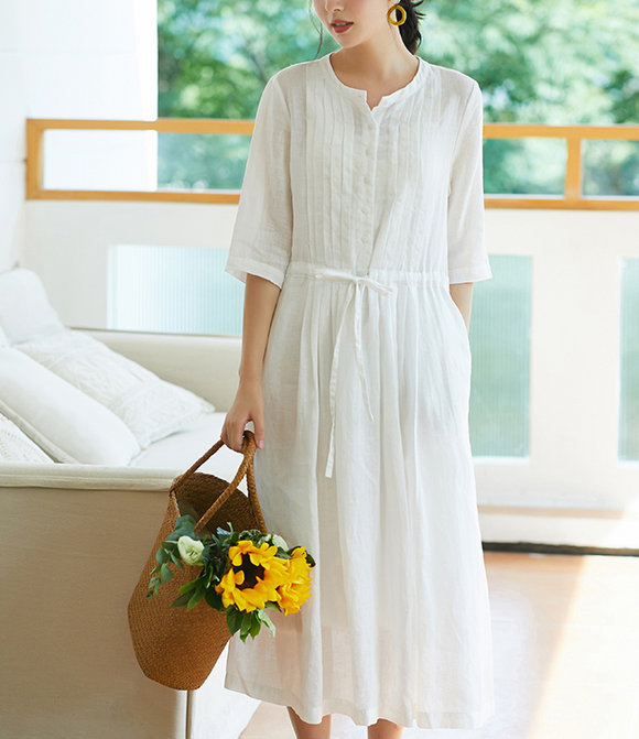 White Women Dresses Casual Summer Buttons Linen Shirts Women Dresses SSM97215