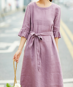 Purple Pink Women Dresses Ruffle  Sleeve Casual Summer  Linen Women Dresses SJ97215