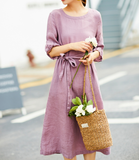 Purple Pink Women Dresses Ruffle  Sleeve Casual Summer  Linen Women Dresses SJ97215