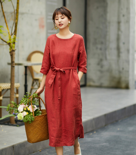 Red Women Dresses Short Sleeve Casual Summer Linen Women Dresses SJ97215