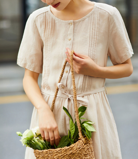 Mid Length Women Dresses, Short Sleeve Summer Linen Dress, Washed Linen Women Dresses SJ9715, L / Off White Mid Length Women Dresses, Short Sleeve Summer Linen Dress, Washed Linen Women Dresses SJ9715, L / Off White