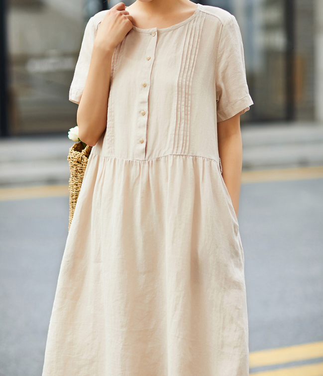 knee length dresses for ladies Mid Length Women Dresses, Short Sleeve Summer Linen Dress, Washed Linen  Women Dresses SJ9715