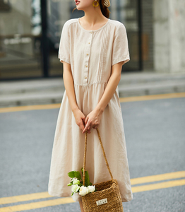 Mid Length Women Dresses, Short Sleeve Summer Linen Dress, Washed Linen Women Dresses SJ9715