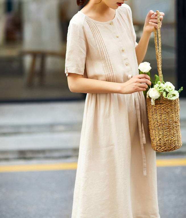 Mid Length Women Dresses, Short Sleeve Summer Linen Dress, Washed Line –  SimpleLinenLife