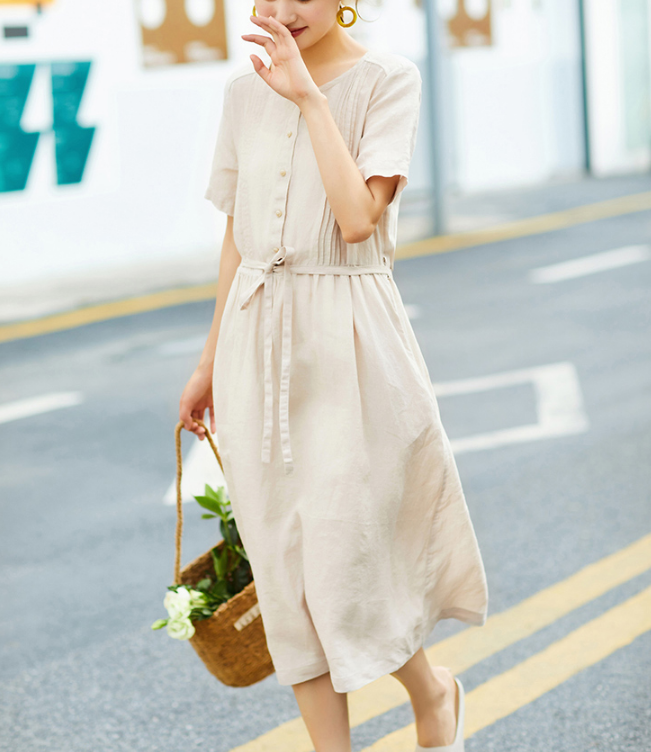 Mid Length Women Dresses, Short Sleeve Summer Linen Dress, Washed Line –  SimpleLinenLife