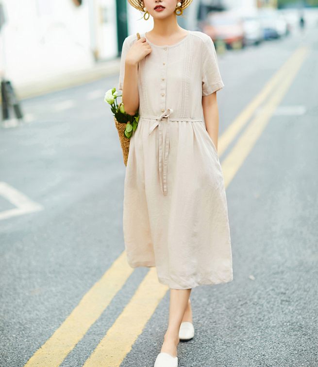 Mid Length Women Dresses, Short Sleeve Summer Linen Dress, Washed Line –  SimpleLinenLife