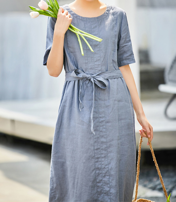Gray Women Dresses Short Sleeve Casual Summer Linen Women Dresses SJ97215