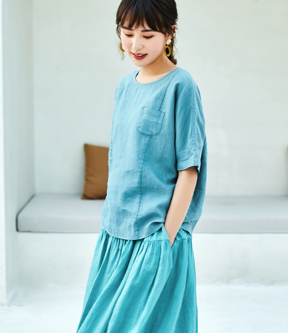 Green Casual T-Shirts Summer Women Linen Tops WG961707