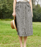 Checked Women's Skirts Summer Linen Skirt Elastic Waist SJ09755