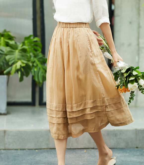 Khaki Women's Skirts Summer Linen Skirt Elastic Waist SJ09755 ...