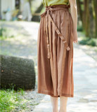 Brown linen Summer Loose Wide Leg Women Casual Pants Elastic Waist WG05131