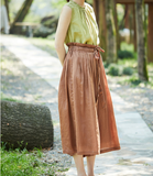 Brown linen Summer Loose Wide Leg Women Casual Pants Elastic Waist WG05131