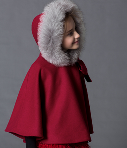 Kids Winter Fur Trim Hooded Wool cloak Girls Wool Outfit