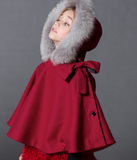 Kids Winter Fur Trim Hooded Wool cloak Girls Wool Outfit