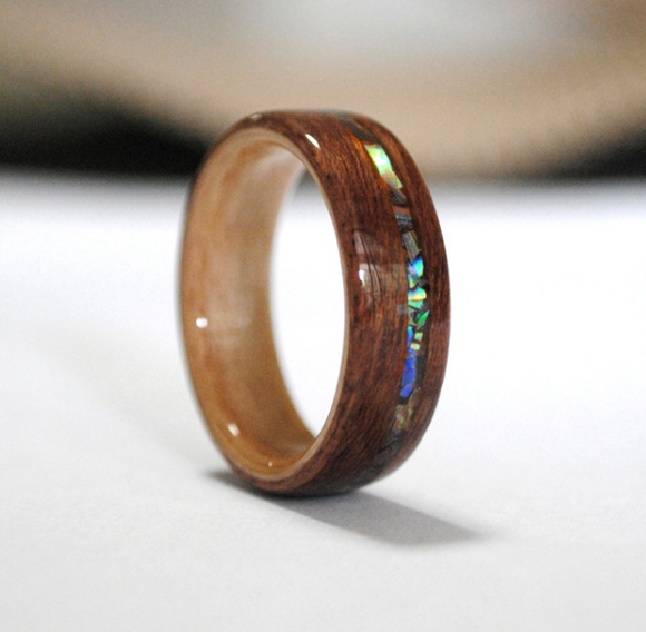 Original Design Wood Ring Engagement Ring Handmade Walnut Abalone Shell Gift Custom Made Wooden