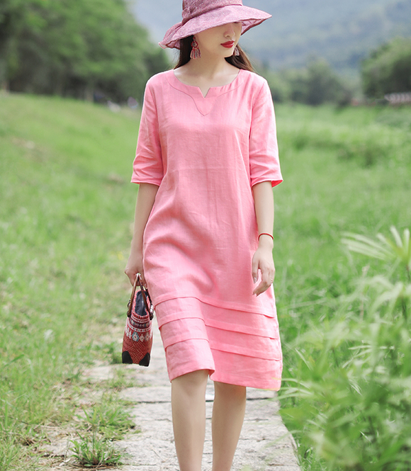 Pink Women Dresses Casual Summer Linen Women Dresses 9215