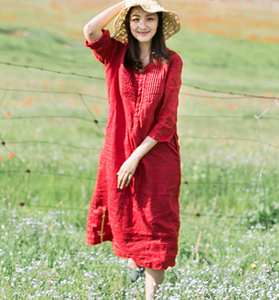 Red Women Dresses Casual Summer Linen Women Dresses SJ97215