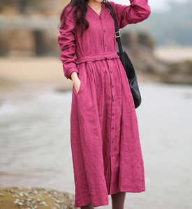 Purple V Neck Women Dresses Casual Summer Linen Women Dresses SJ97215