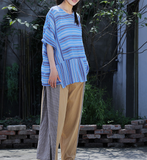 Blue Stripe Linen T-Shirts Summer Women Tops SJ961707
