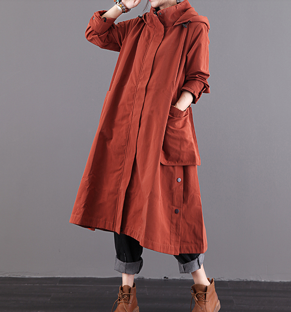 Red Hooded A-line Long Women Casual  Parka Plus Size Fall Coat Jacket JT200945