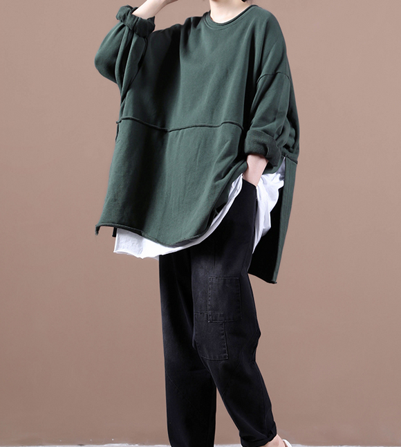 Green Loose Fall Women Cotton Tops Women Side Slit Blouse Overall H9506