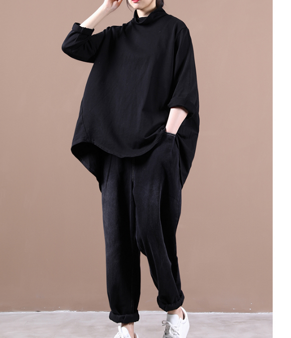 Black Loose Fall Women Cotton Tops Women Blouse Overall H9506