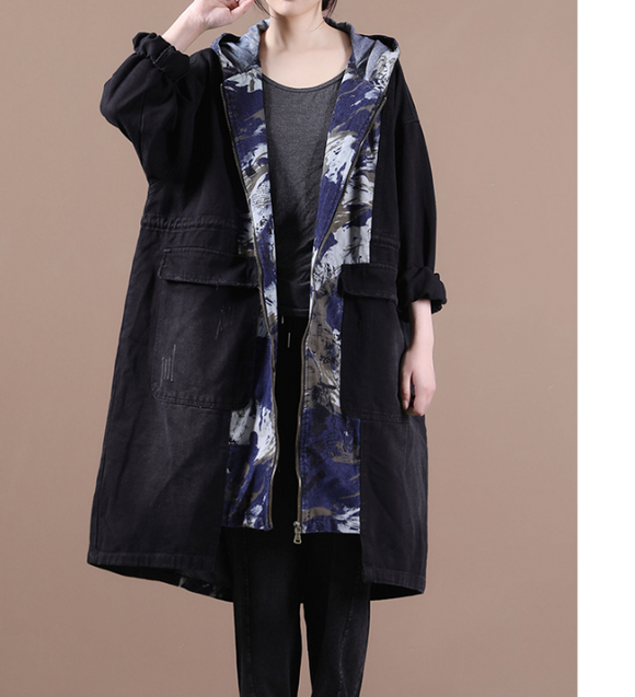 Print Denim Hooded A-line Long Women Casual Parka Plus Size Fall Coat Jacket JT200945