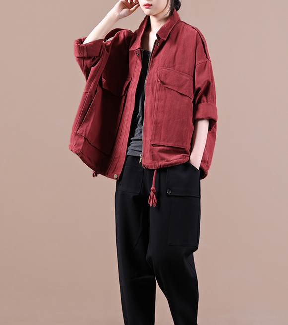 Red A-line Short Women Casual Parka Plus Size Fall Coat Jacket JT200945