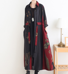 Loose Fall Floral Women Coat Long Sleeve Women Linen Trench Coat S90921