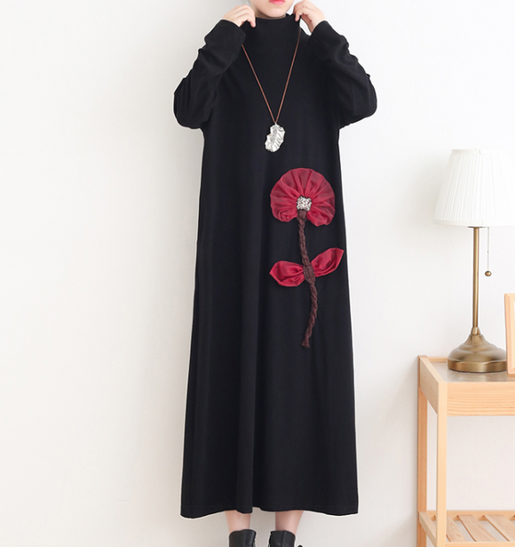 High Collar Flower Loose Long Sleeve Women Dresses Casual Women Dresses SSM97215