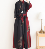 Red Print Loose Fall Women Coat Long Sleeve Women Waist Trench Coat S90921