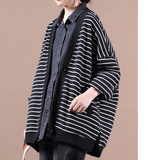 Black Stripe Side Slit Short Women Casual V Neck Plus Size Fall Sweater Jacket JT200945