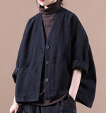 Black V Neck Short Women Casual Plus Size Fall Plus Size Coat Jacket Bat Sleeve  JT200945