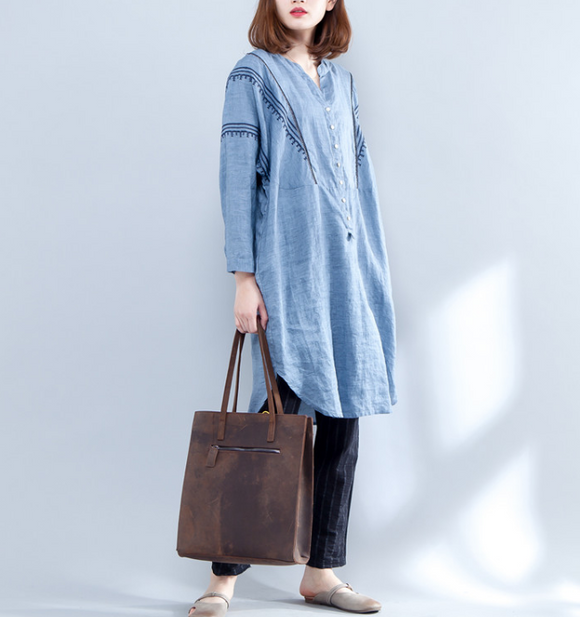 Embroidered Blue Loose Fall Dresses Casual Women Dresses SSM97213