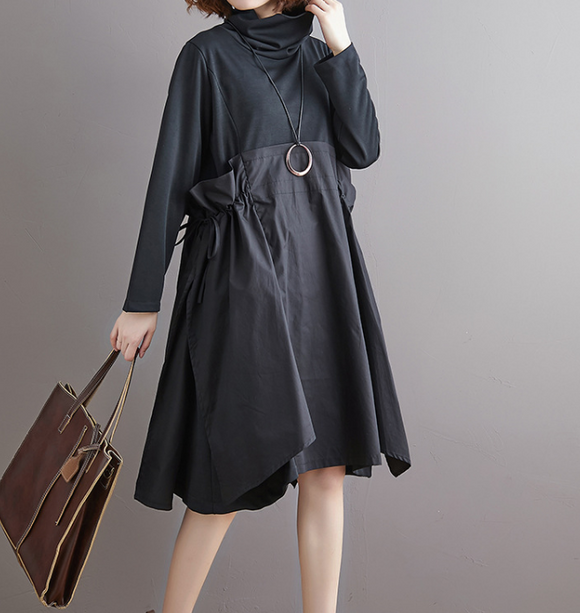 Black High Collar Patchwork Dresses Loose Fall Dresses Casual Women Dresses SSM97213