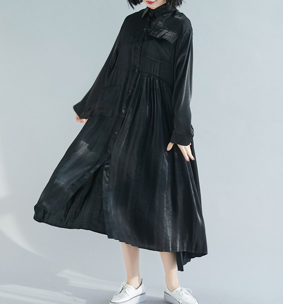 Black Patchwork Pleated Dresses Loose Fall Dresses Casual Women Dresses SSM97213