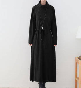 Black High Collar Side Slit Long Sleeve Women Dresses Casual Women Dresses SSM97215