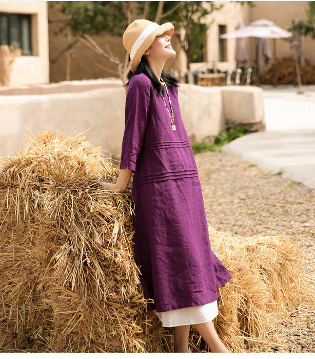 fitted lace wedding dress Purple Pleated Short Sleeve linen Women Dresses Casual Women Dress SSM97215